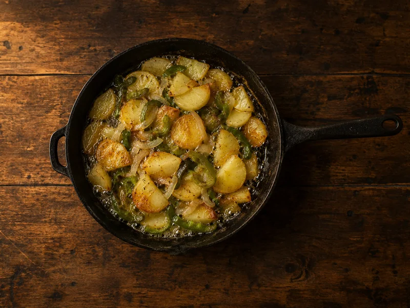 Patatas a lo pobre haciéndose en una sartén con cebolla