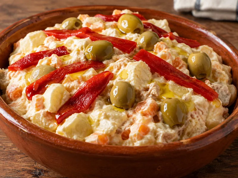 Ensaladilla rusa casera con pimiento y aceitunas por encima
