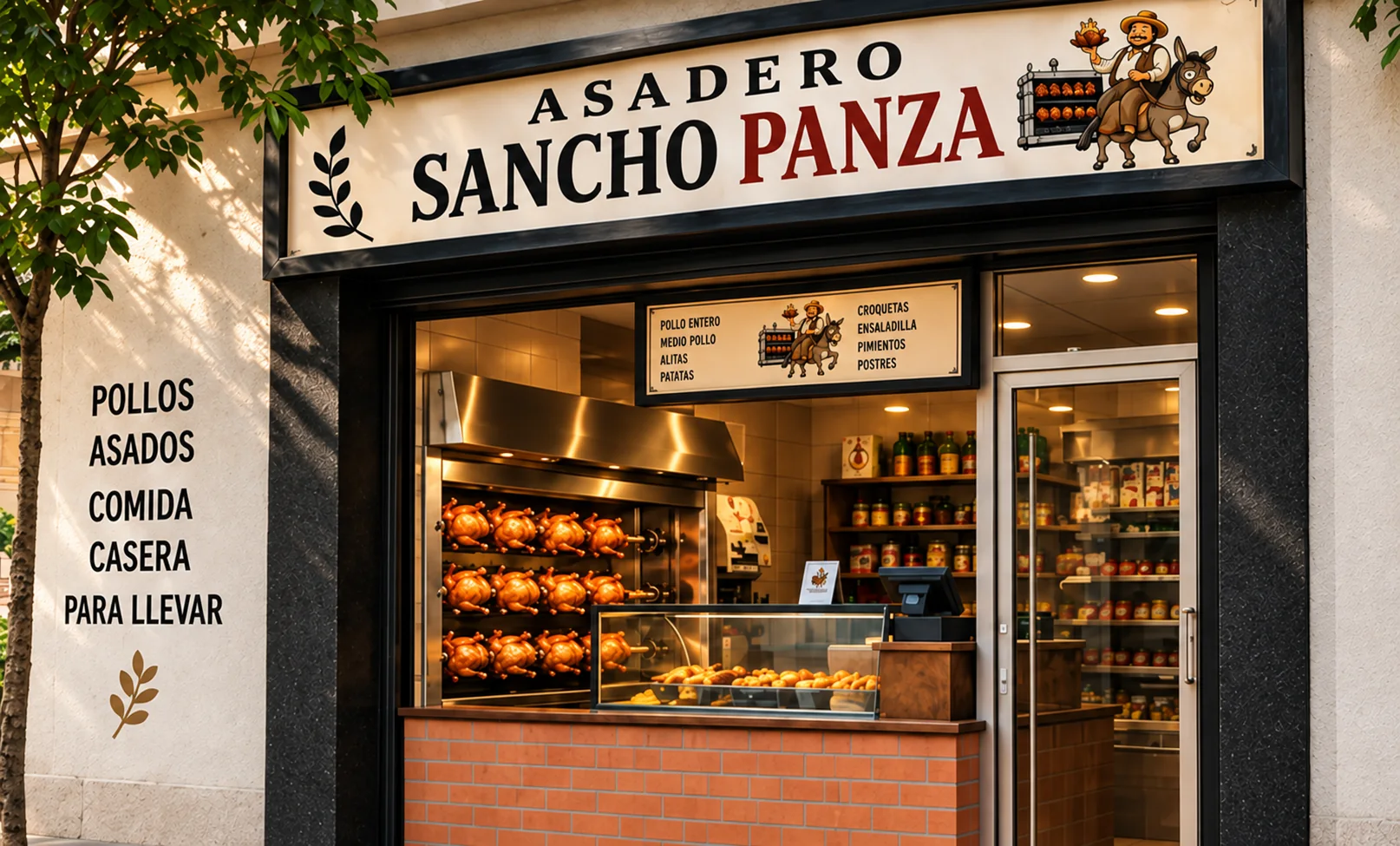 Fachada del Asadero Sancho Panza con el rótulo y los pollos en el asador