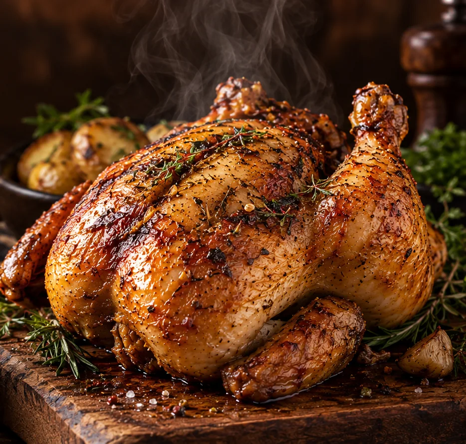 Pollo asado recién salido del asador, dorado, sobre tabla de madera con romero y patatas al horno