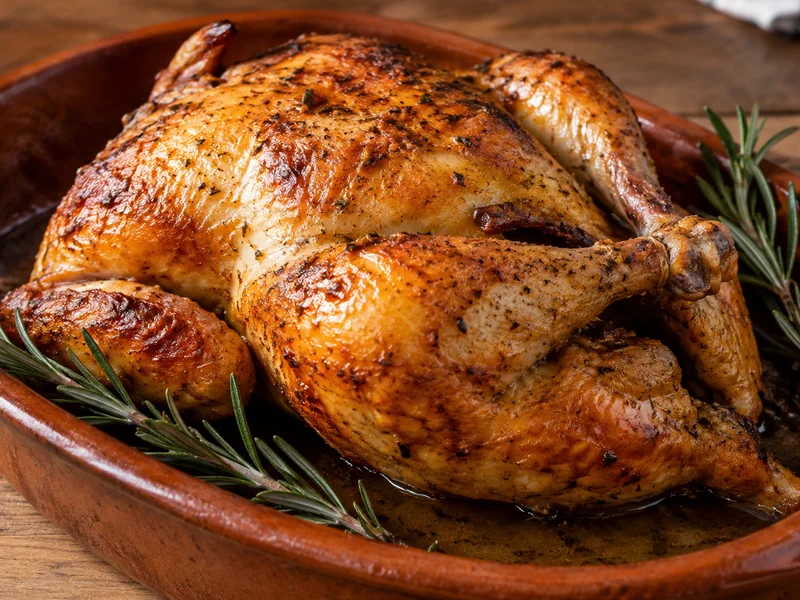 Pollo asado entero, dorado y jugoso, servido en una bandeja de barro